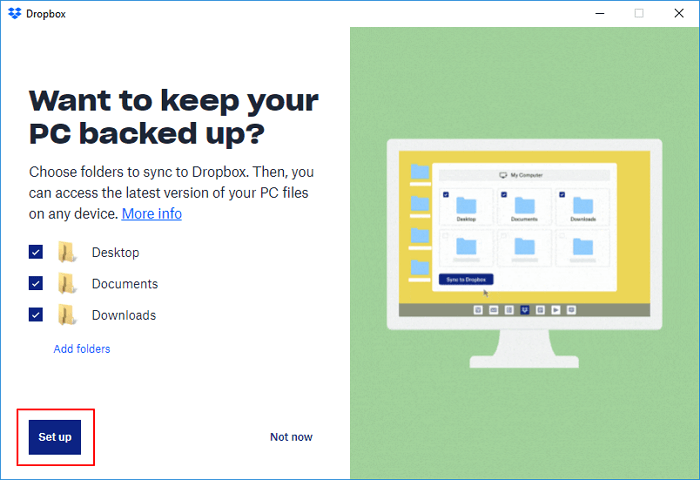 컴퓨터에서 보관용 계정으로 파일 백업 시작