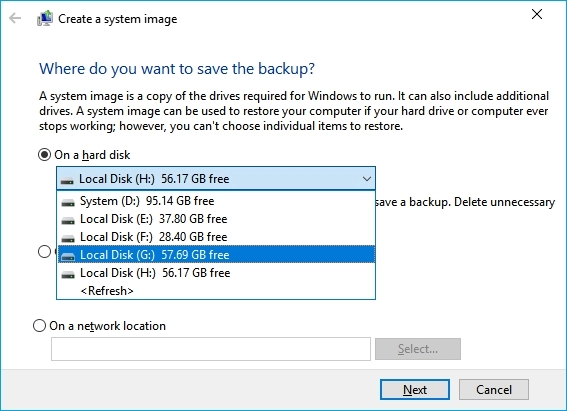 백업을 저장할 대상 하드 디스크 선택