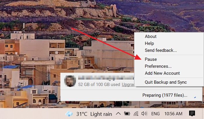 Google 드라이브 동기화 재개 일시중지
