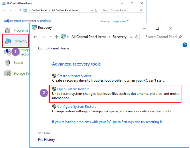 시스템 복원 도구 열기