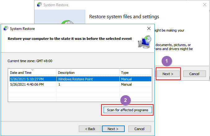 Windows 복원 지점을 선택하고 영향을 받는 프로그램 검사