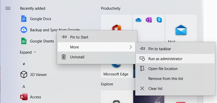 관리자 권한으로 Google 드라이브 실행