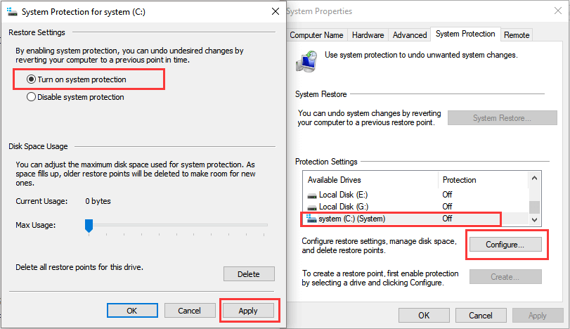 Windows 10에서 시스템 복원 기능 활성화
