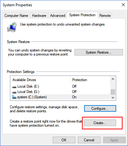 시스템 복원 지점 생성