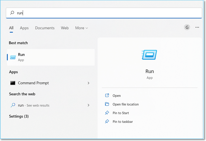 실행을 입력하고 앱을 엽니다.