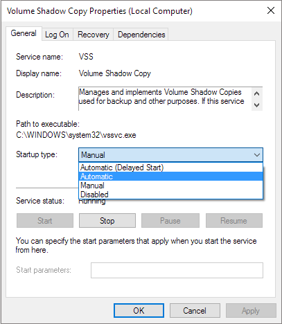 볼륨 섀도우 복사 자동 시작