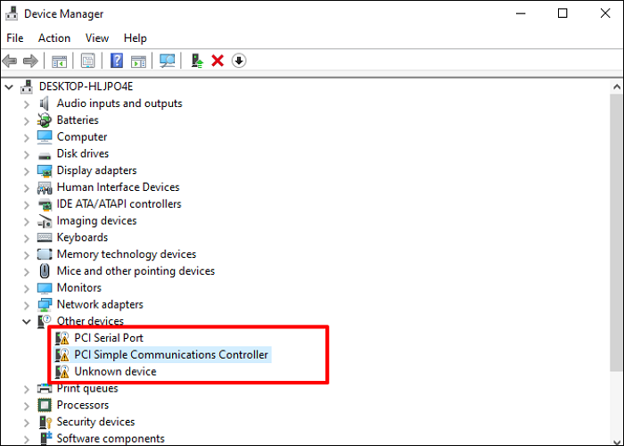 노란색 느낌표가 있는 항목을 체크하세요