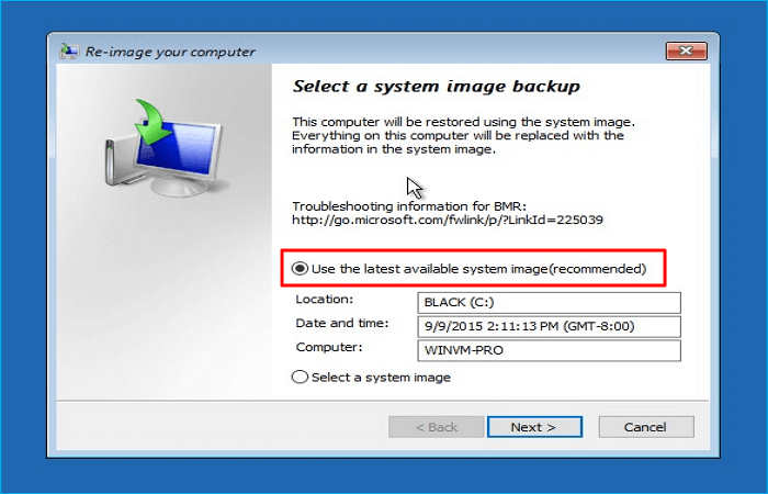 사용 가능한 최신 시스템 이미지 사용을 선택하세요.