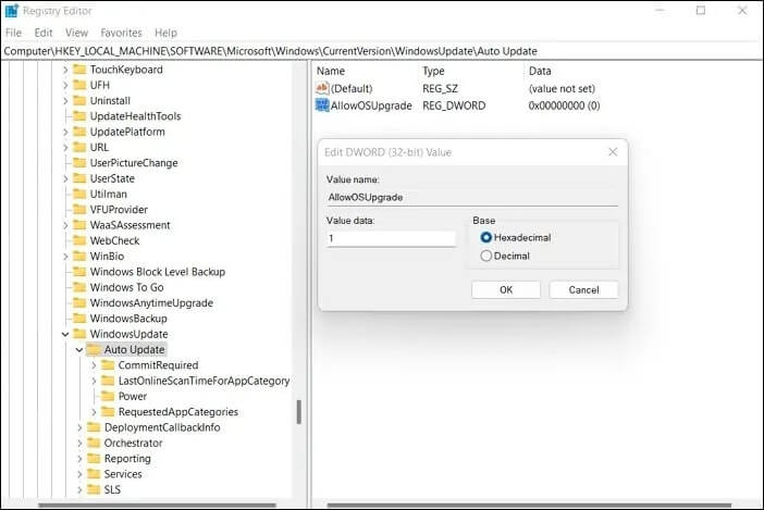 OS 업그레이드를 허용하도록 레지스트리 값을 변경