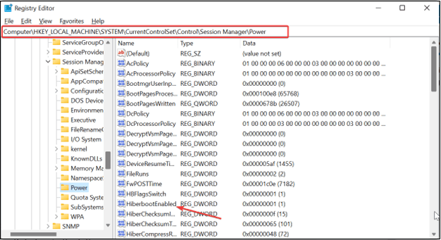 hiberbootEnabled 옵션을 두 번 클릭합니다.