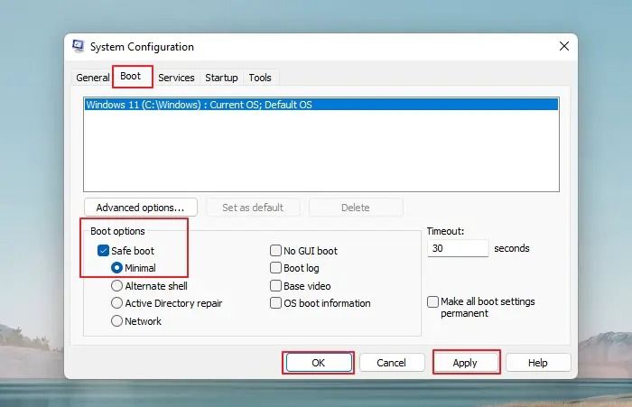 최소 안전 부팅 모드 선택