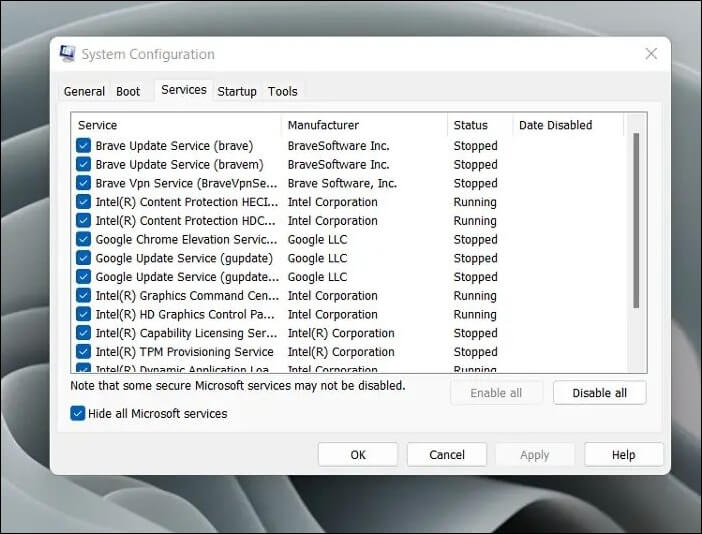 모든 Microsoft 서비스 숨기기