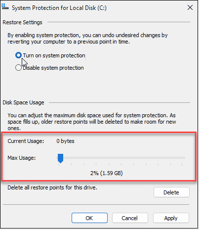 시스템 보호 켜기