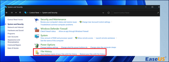 파일 히스토리 선택