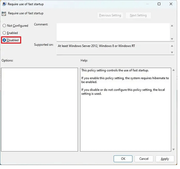 빠른 시작 비활성화