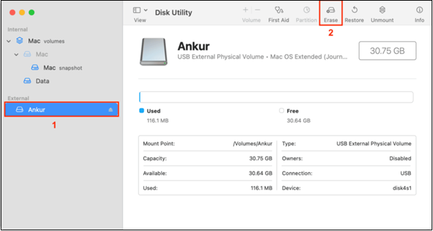 디스크 유틸리티에서 이 썸 드라이브를 선택하세요