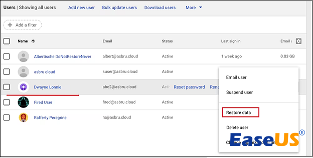 데이터 복원을 선택하세요