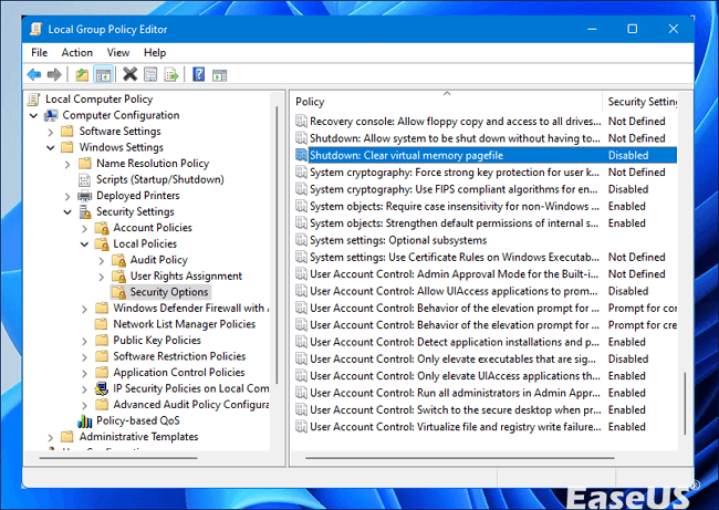 종료 선택 가상 메모리 지우기