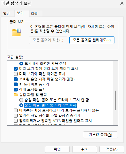 숨겨진 파일 표시 -1