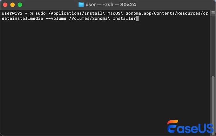 Sonoma 설치 프로그램을 생성하기 위한 명령어를 입력하세요