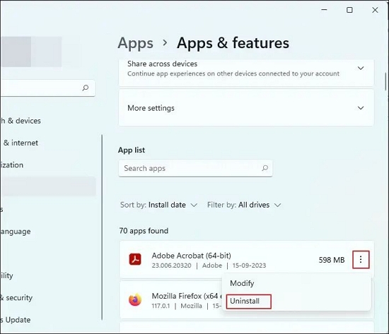 최근에 설치한 앱을 제거합니다.