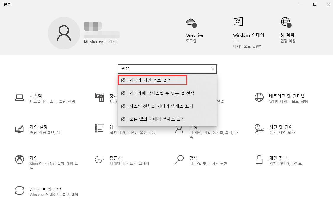 웹캠 개인 정보 설정