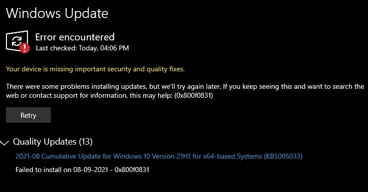 윈도우 업데이트 에로 0x800f0831
