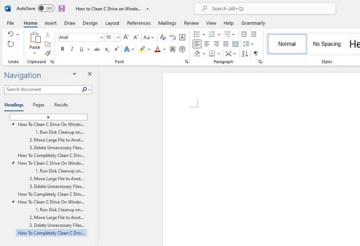 마지막에 단어 페이지 삭제