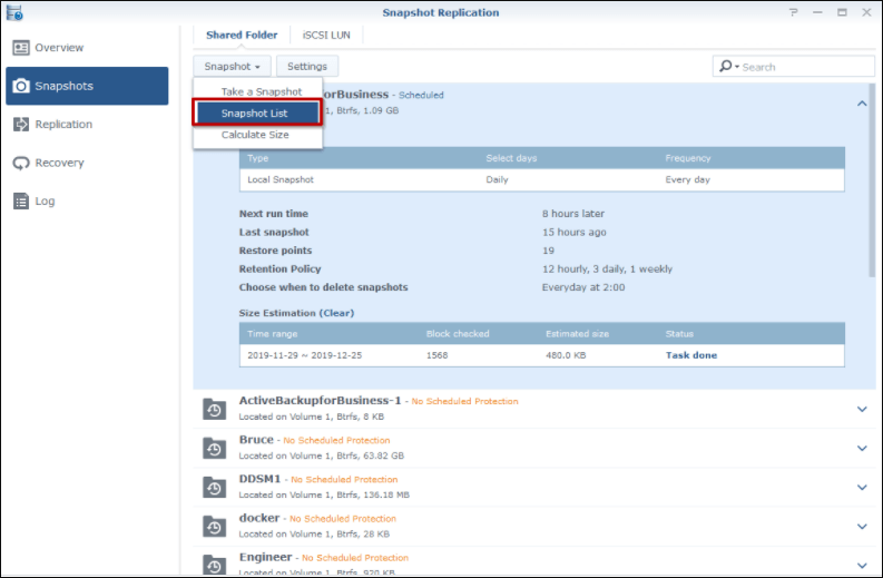 Synology 스냅샷 삭제