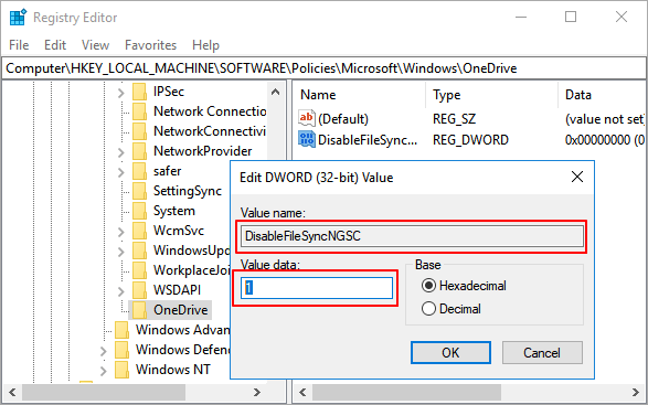 레지스트리 편집기에서 OneDrive 비활성화