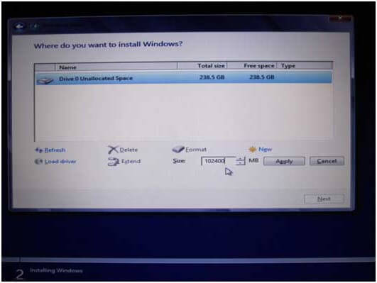 파티션 크기를 입력