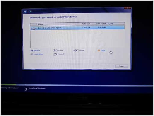 할당되지 않은 공간 선택