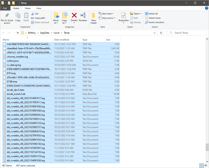 임시 파일을 삭제하여 사용 중인 파일 오류 수정