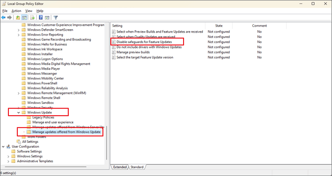 기능 업데이트를 위한 보호 장치 비활성화