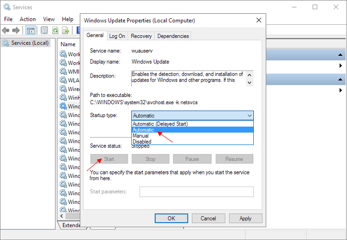 Windows 업데이트 서비스를 실행하도록 설정
