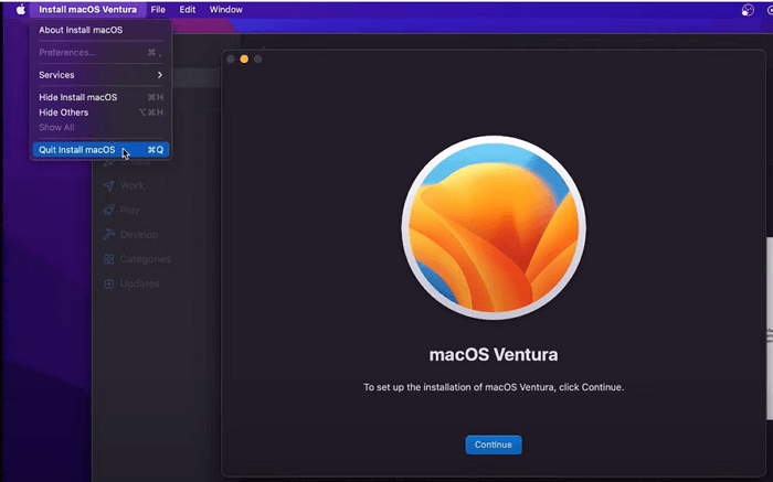 macOS Ventura를 다운로드한 후 macOS Ventura 설치 종료