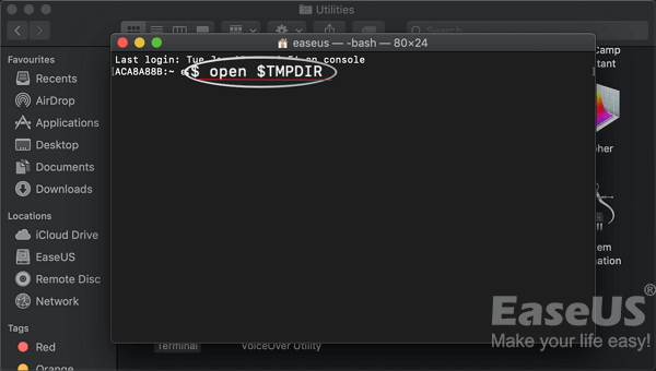 터미널에 명령을 입력하여 TemporaryItems 폴더를 찾습니다.