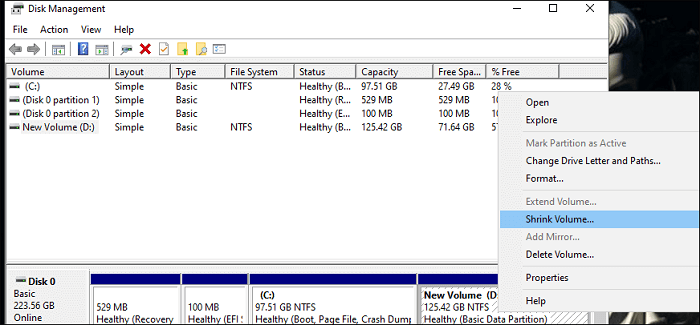 볼륨 축소 옵션을 클릭하십시오