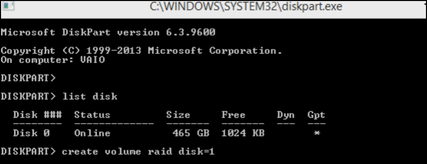 diskpart 생성 RAID 볼륨