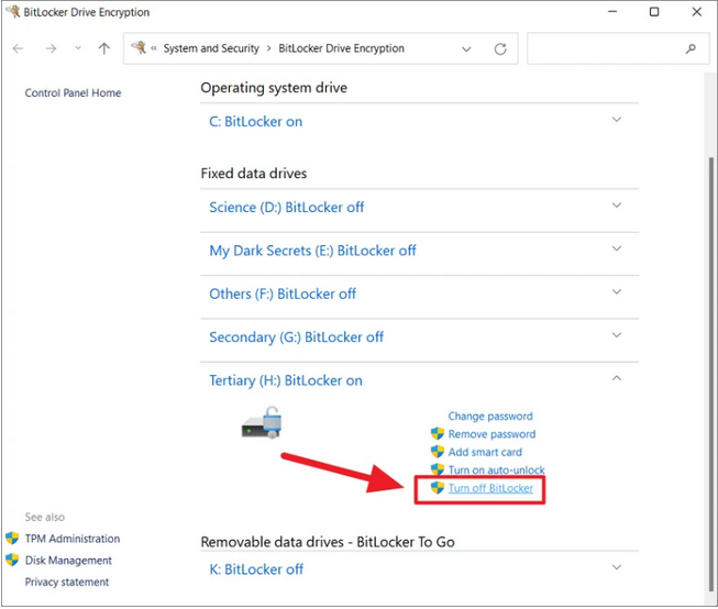 드라이브를 클릭한 다음 Bitlocker 끄기를 클릭합니다.