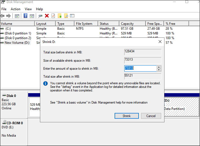 축소할 공간의 양을 입력하십시오