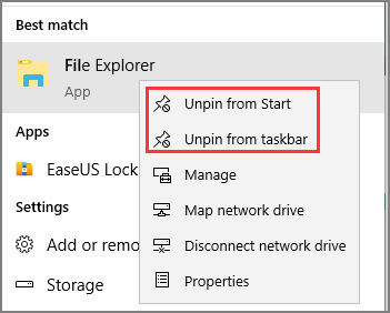시작 또는 작업 표시줄에 고정