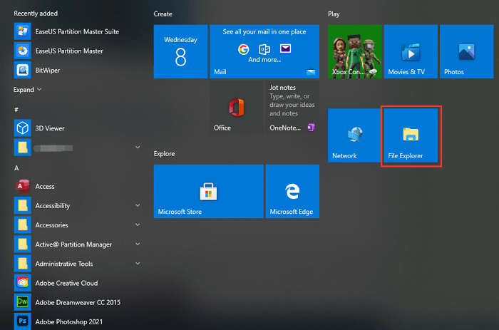 시작 메뉴에서 파일 탐색기 열기