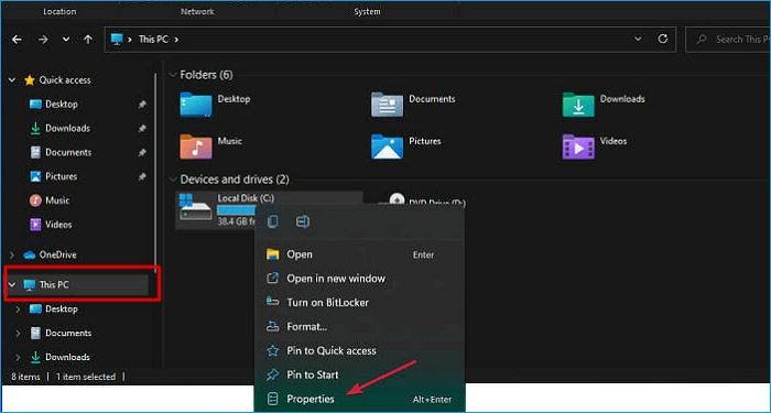 이 PC 열기 속성 선택