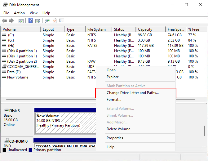 드라이브 문자 변경