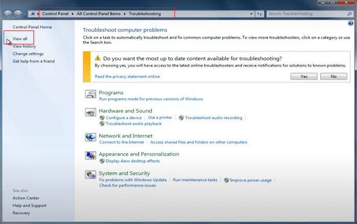 Windows 7 성능 문제 해결사 실행