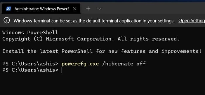 공간을 절약하기 위해 최대 절전 모드를 끕니다.