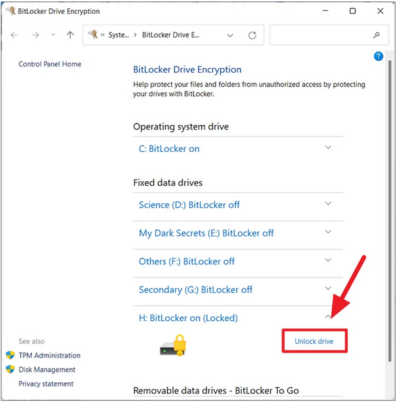 드라이브 잠금 해제를 클릭하십시오