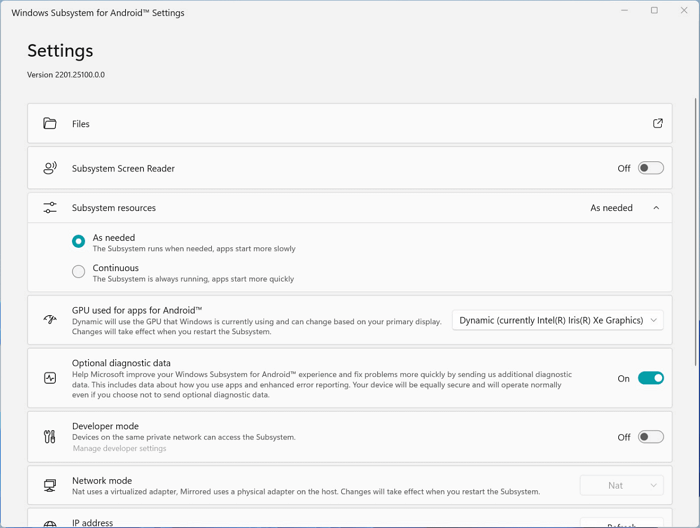 WSA 설정 마이크로소프트