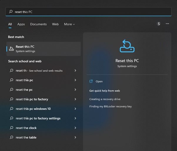 이 PC를 재설정하도록 선택